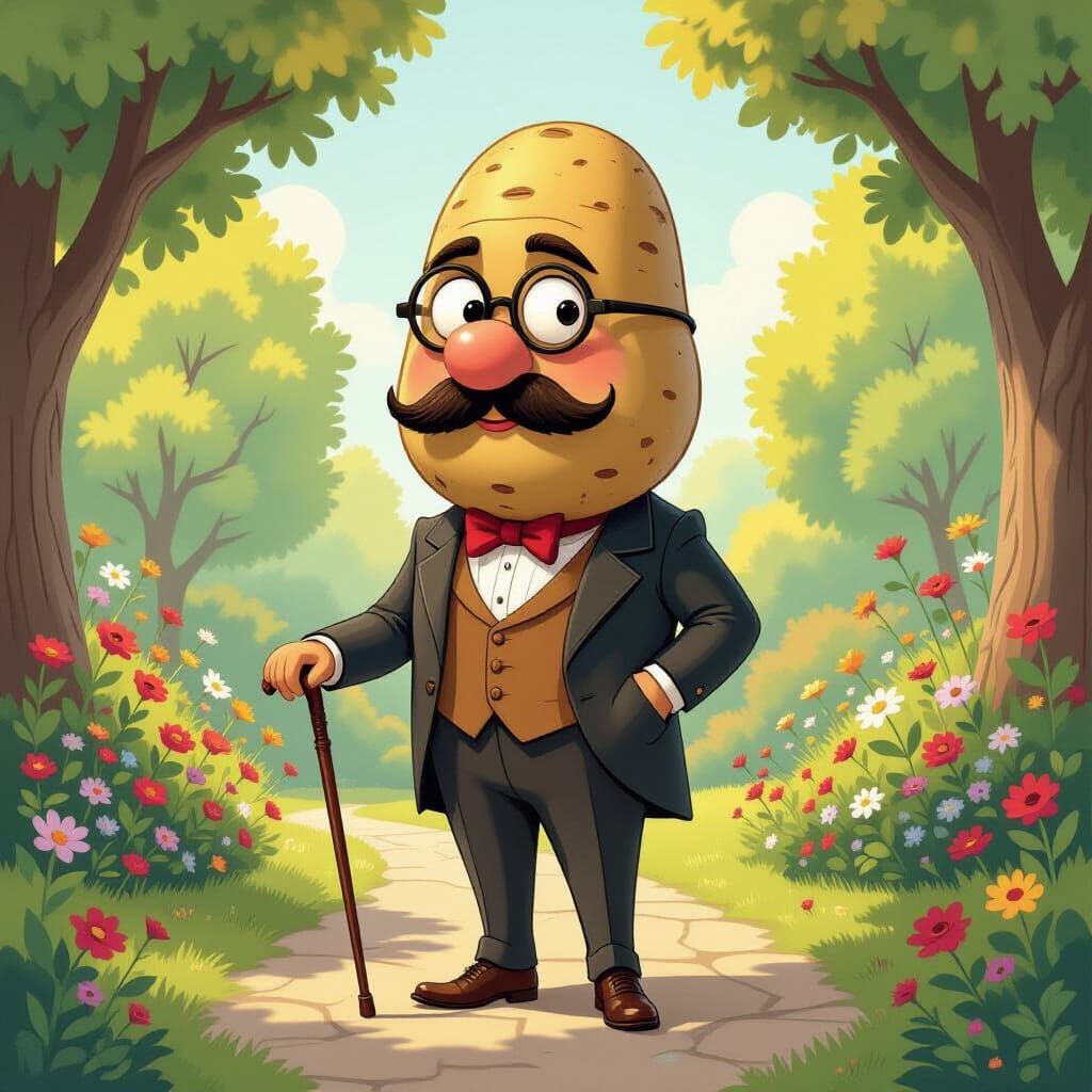 Goofy Potato Head Man in Whimsical Garden