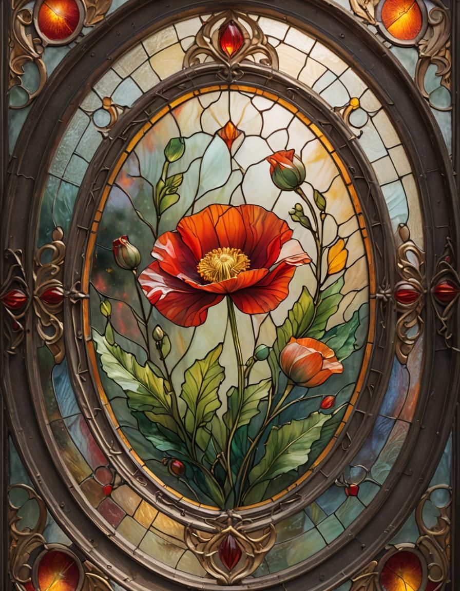 Red Poppy in Stained Glass Oval Frame