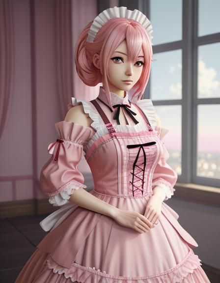 Anime Girl in Pink Maid Dress, 3D Anime Art