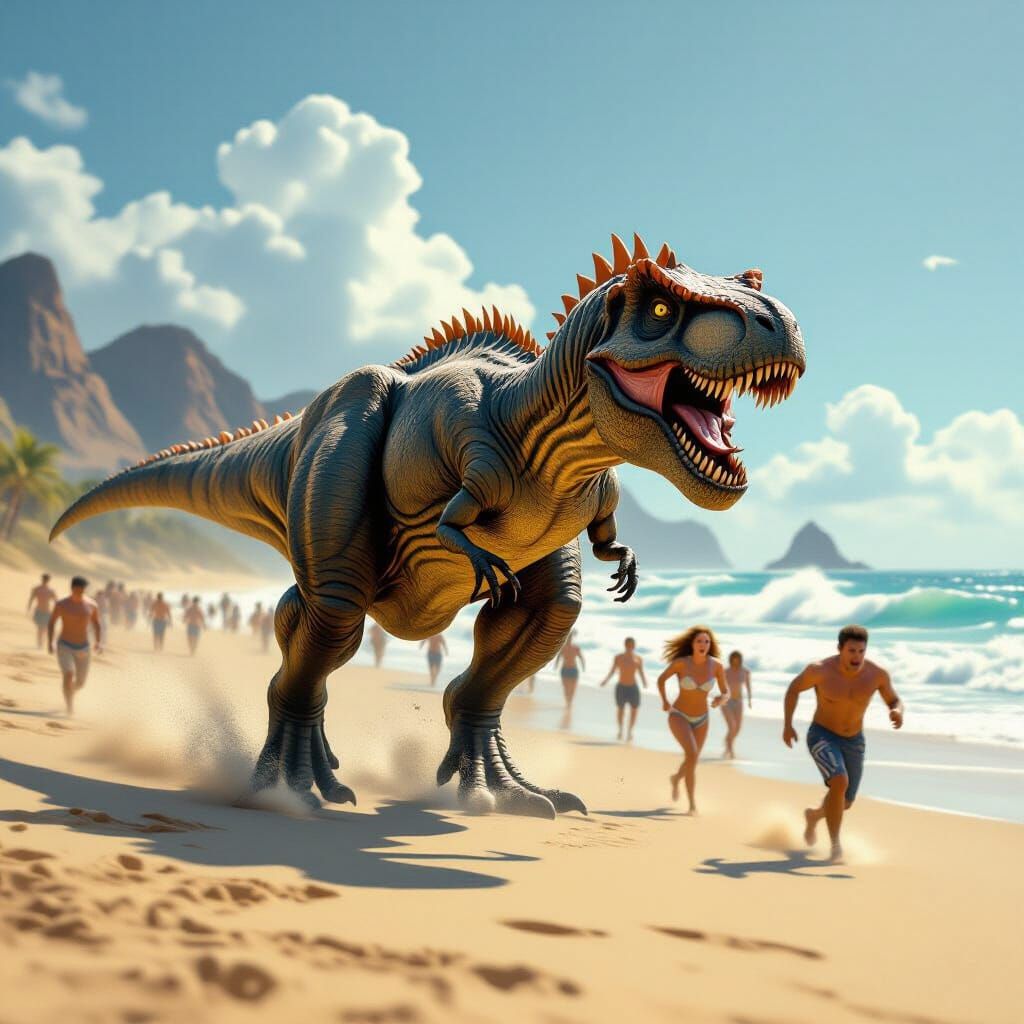 T-Rex Chases People on Beach in Cinematic Style