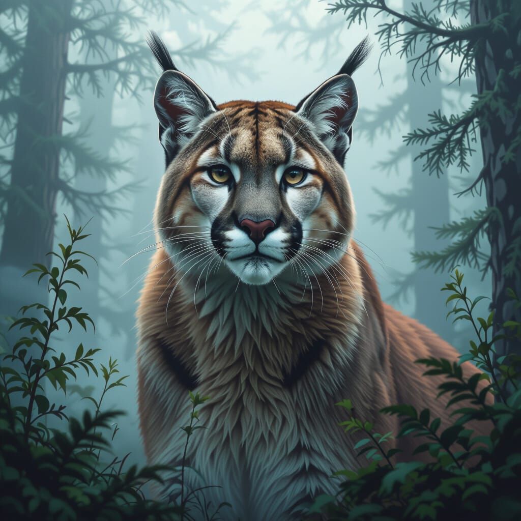 Majestic Cougar in Misty Forest, in Retro-Futuristic Style