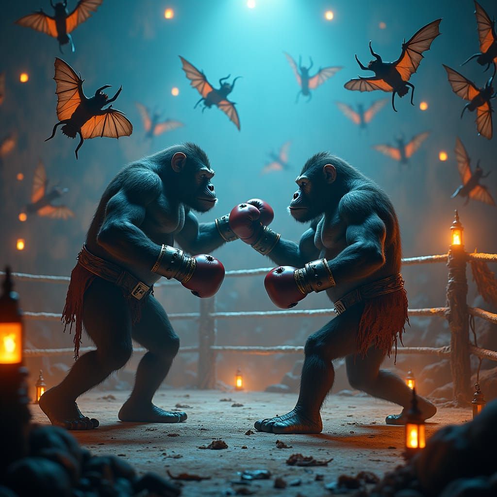 Apes Boxing in Haunted Ring, Fantasy Concept Art