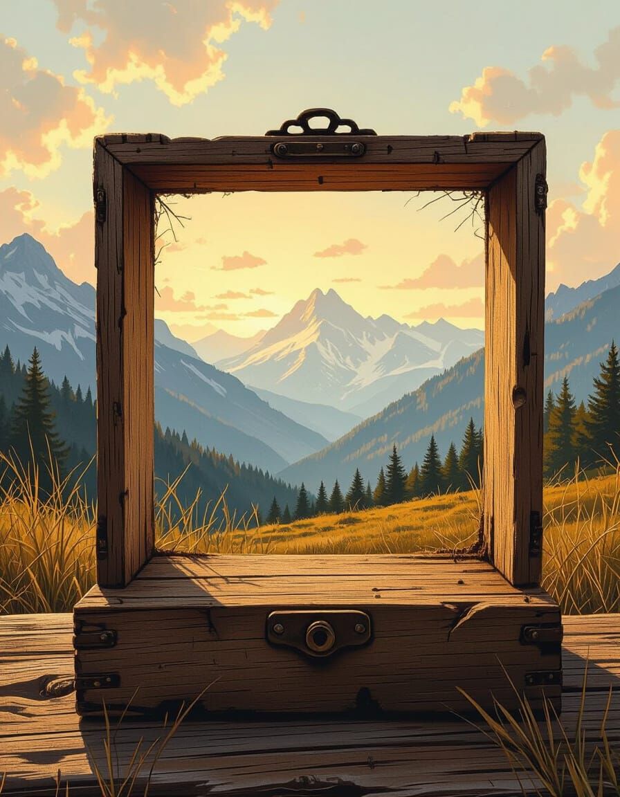 Mountain Landscape in Art Box, Whimsical Style