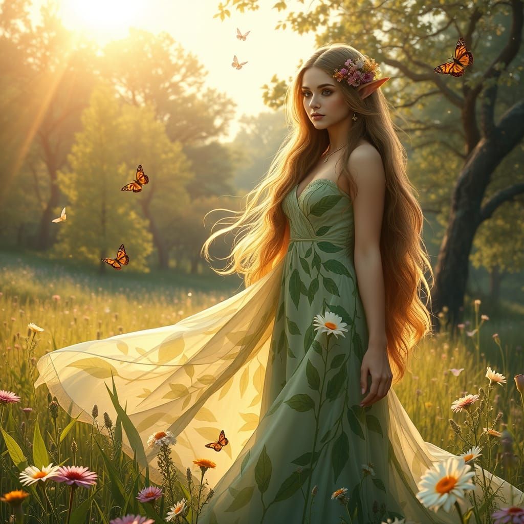 Elven Woman in Sun-Drenched Meadow, Art Nouveau Style