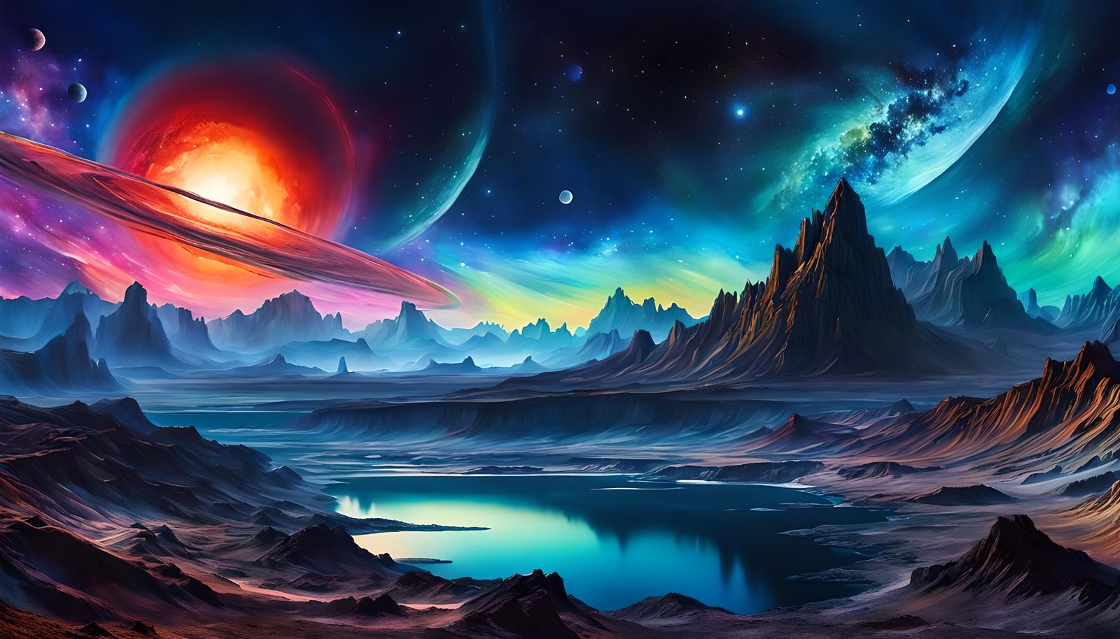 Alien Planet Nightscape in Watercolor Style
