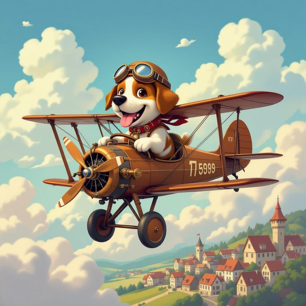 Labrador Pilot in Steampunk Biplane Flies Through Cotton Can...