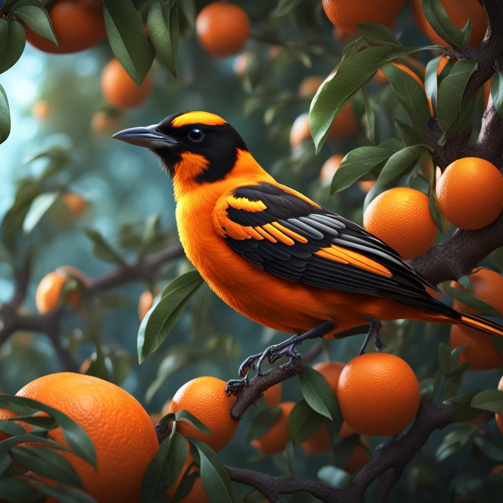 Oriole in Orange Tree: Detailed Fantasy Art