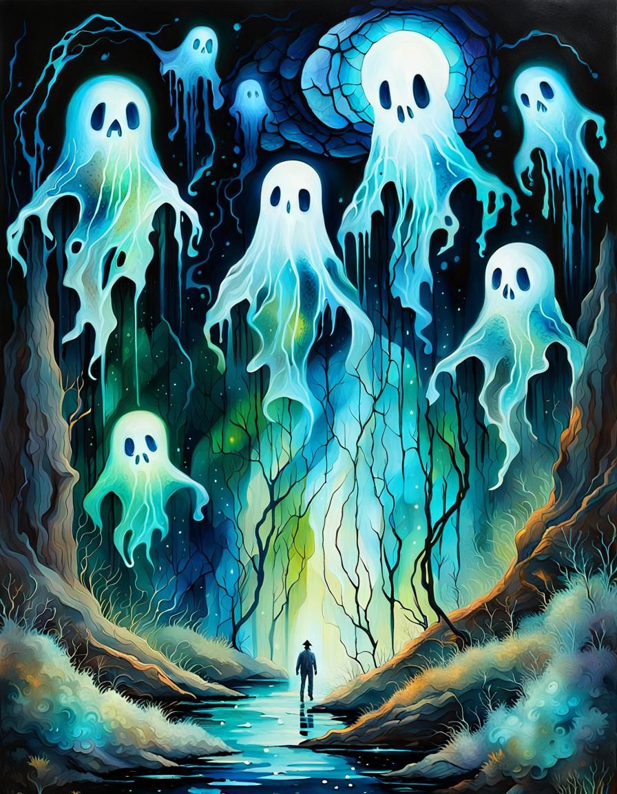 Ethereal Ghost Haunts Boy in Bioluminescent Realm