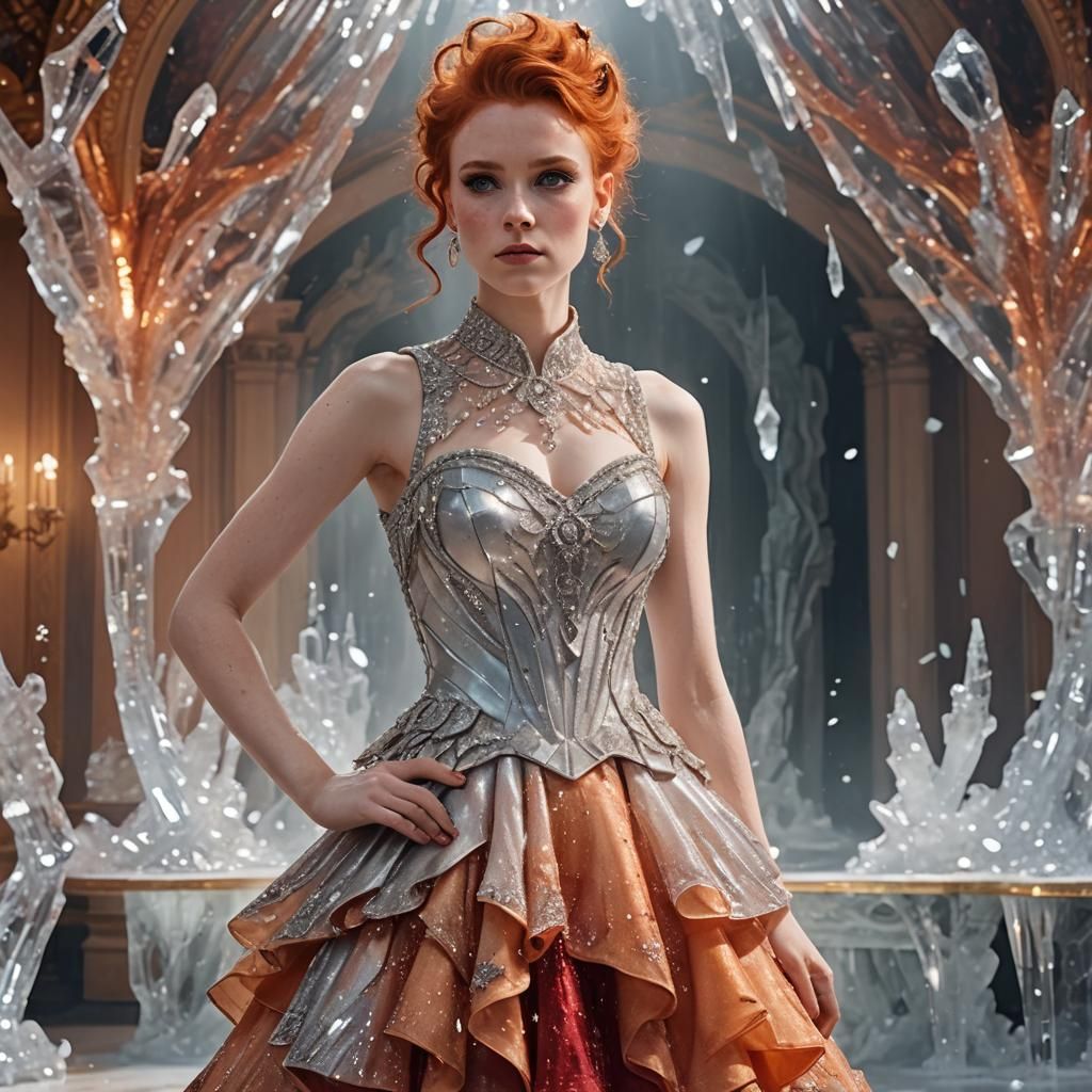 Woman in Crystal Dress in Ballroom, Hyperrealistic