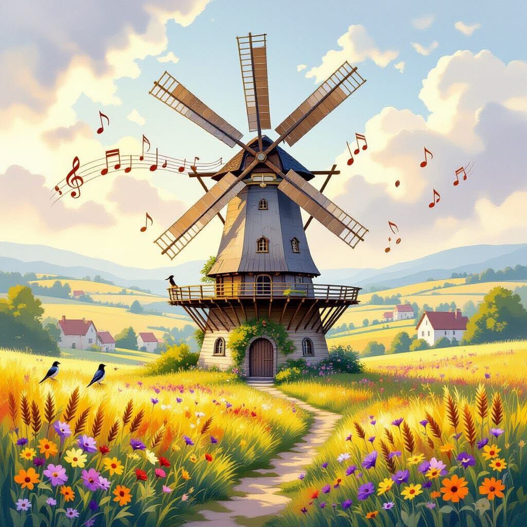 A whimsical musical windmill tower sending happy notes as it turns