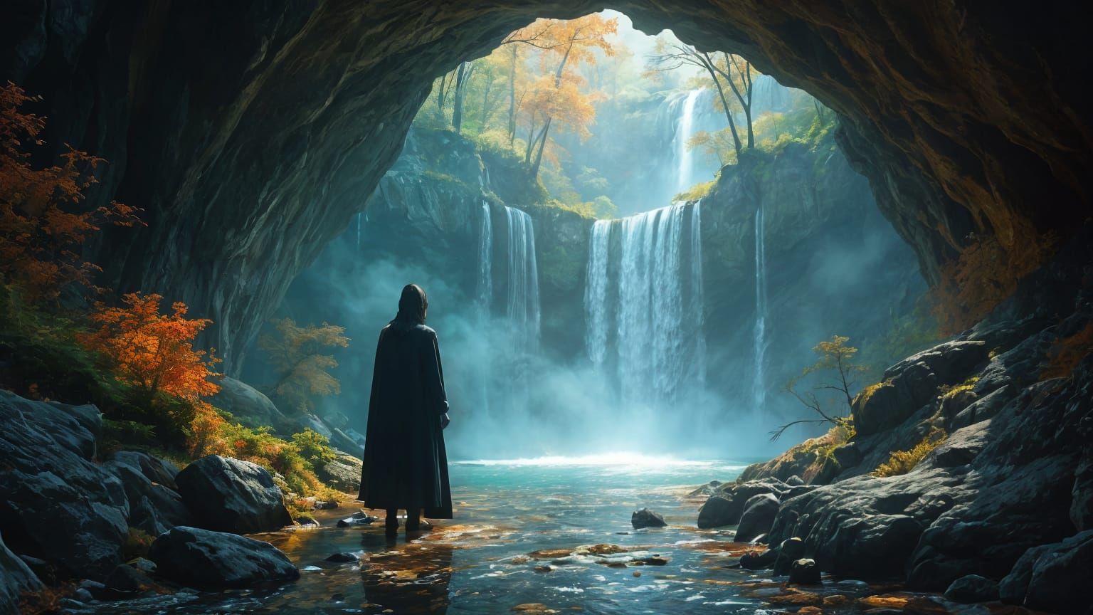 Mystical Grotto Behind Autumn Waterfall