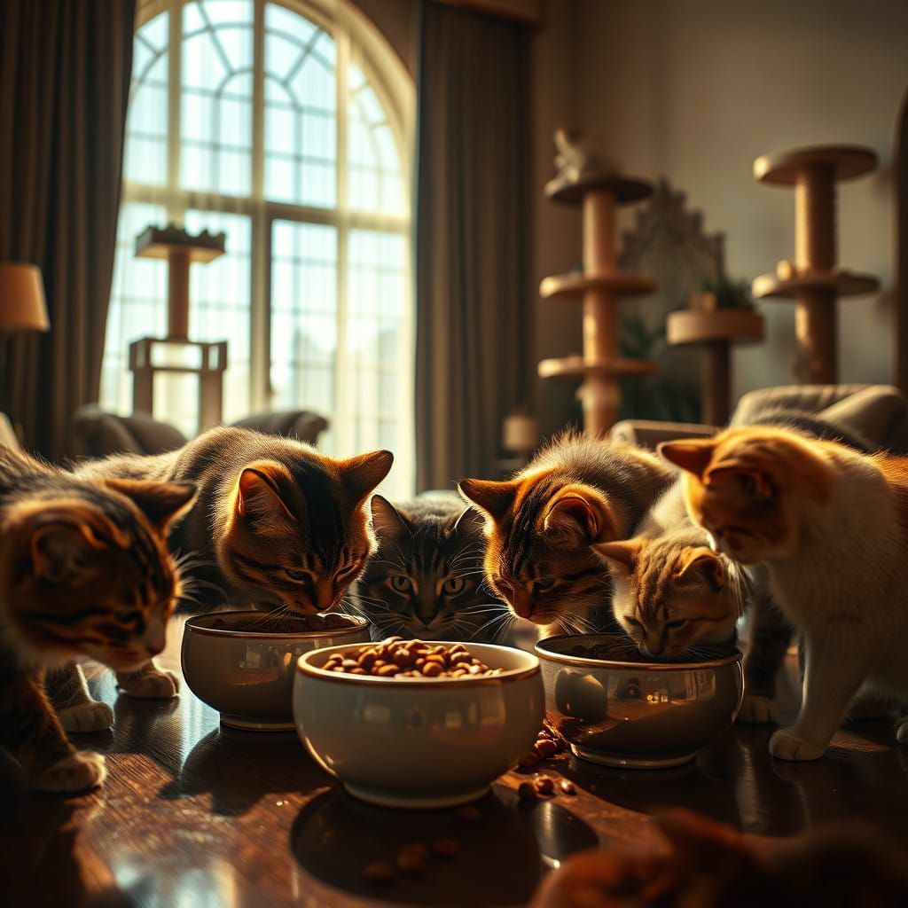 Felines Feast on Cat Food Near Majestic Cat Trees in a Warm....