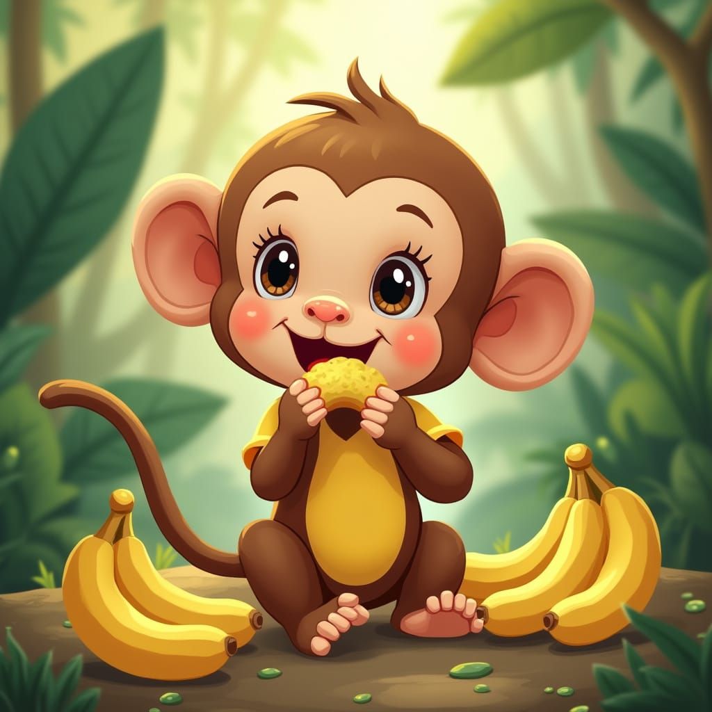 Adorable Monkey Eating Bananas in Cartoon Style