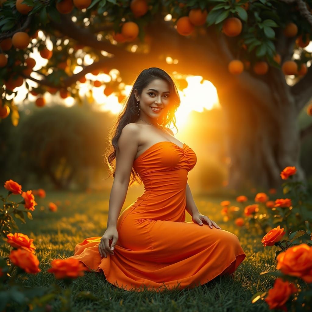 Woman in Orange Dress Underneath Orange Tree