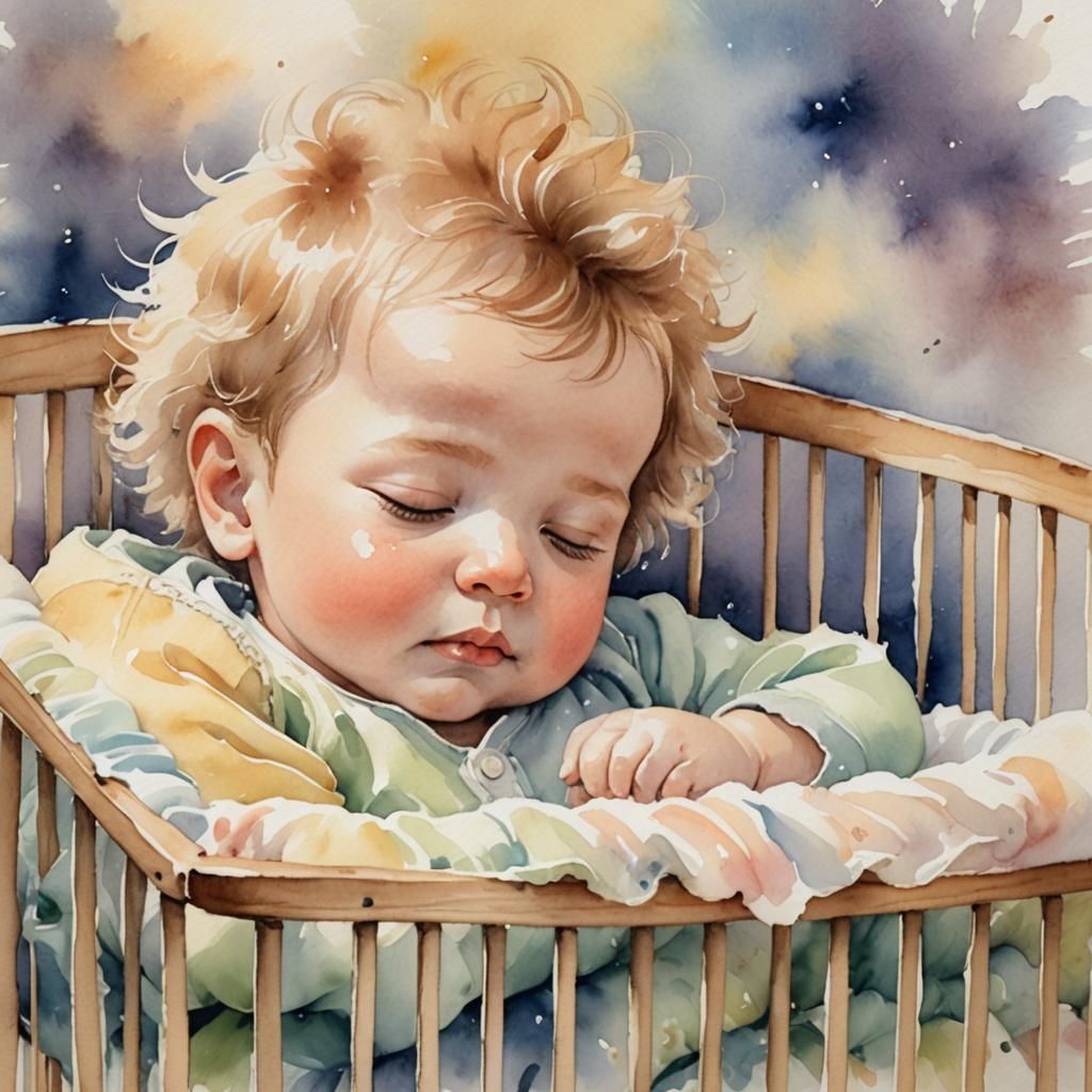 Watercolor Baby Sleeping in Crib with Soft Lighting