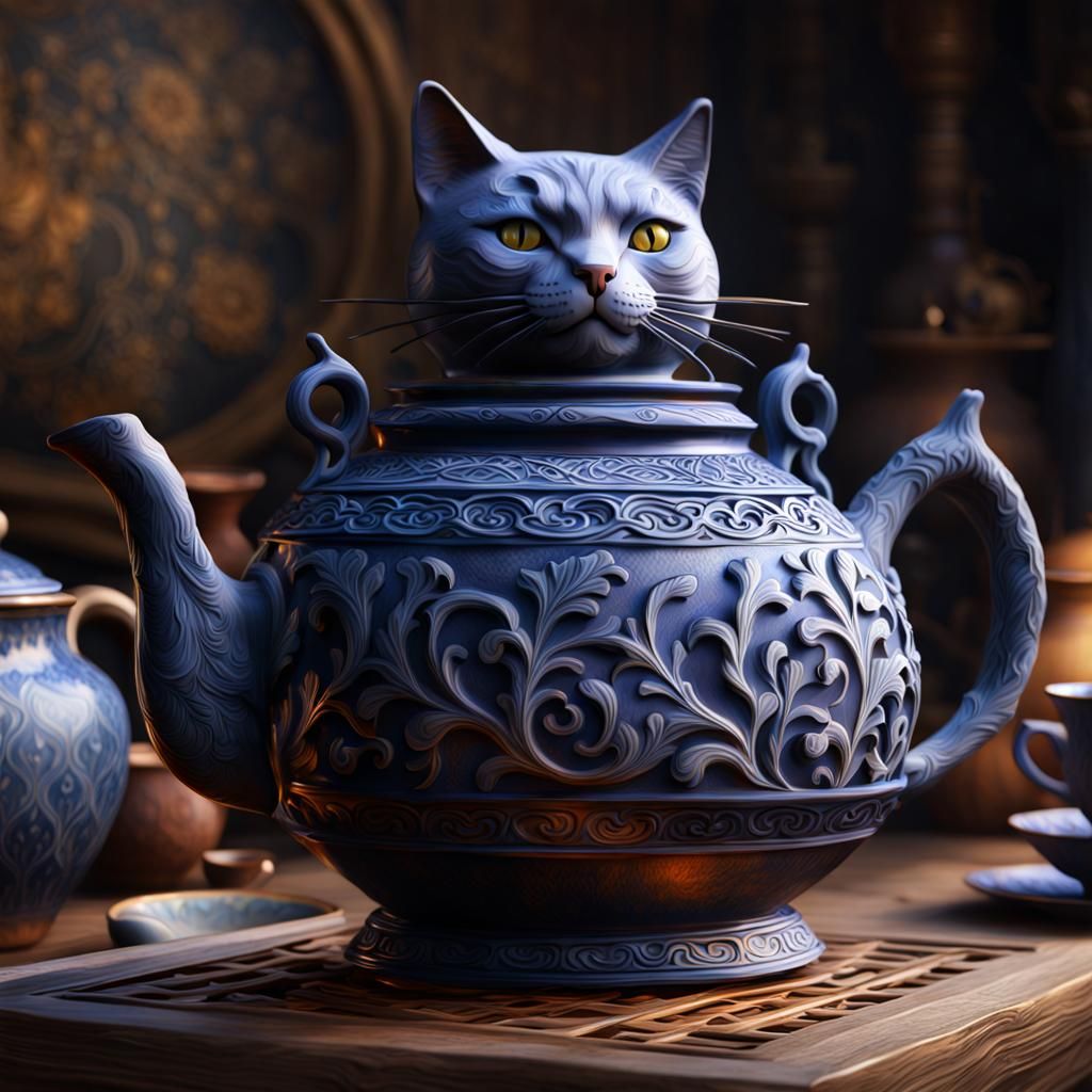 Cat Teapot with Trompe L'oeil Painting