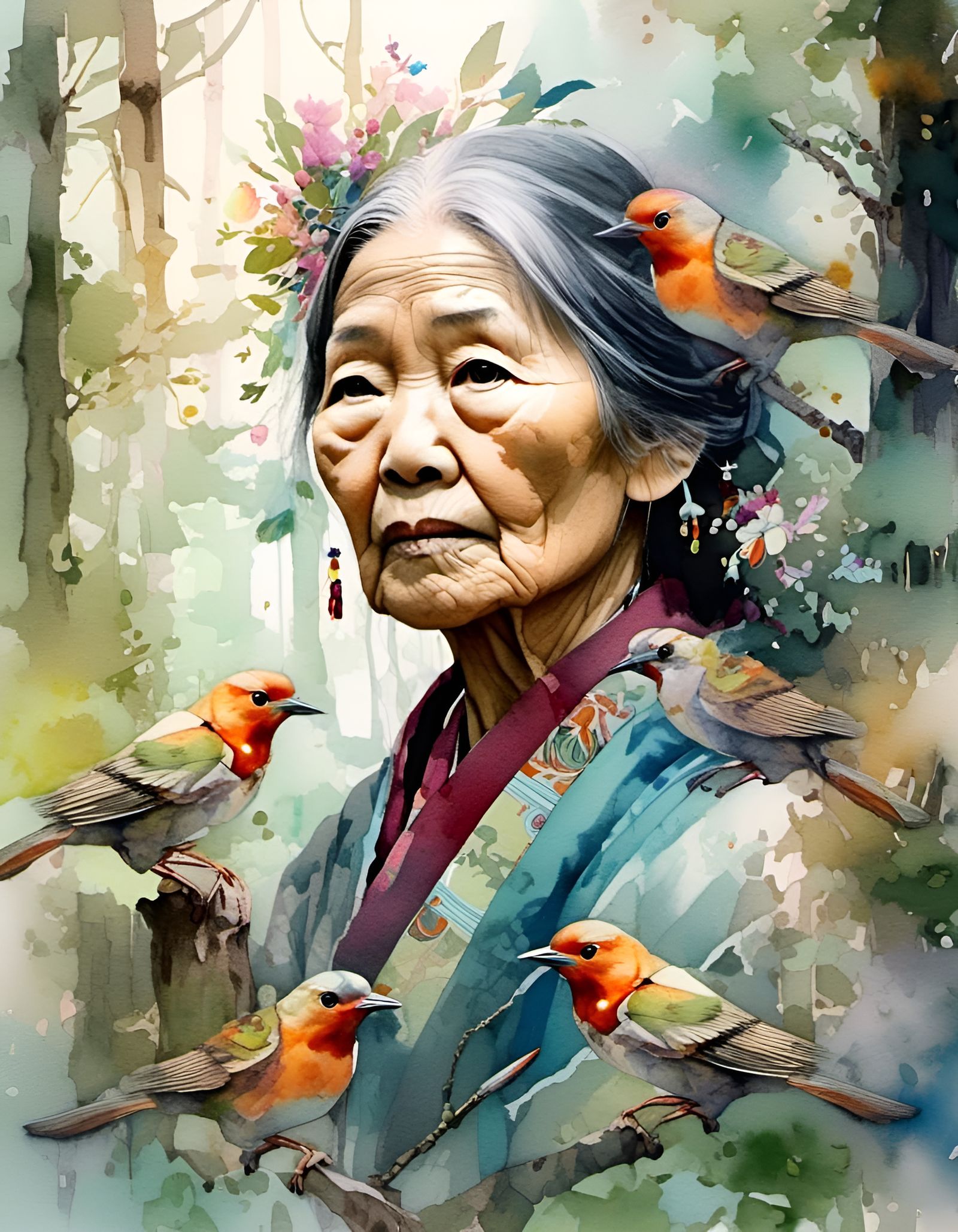 Wise Woman Portrait with Birds, Watercolor Art