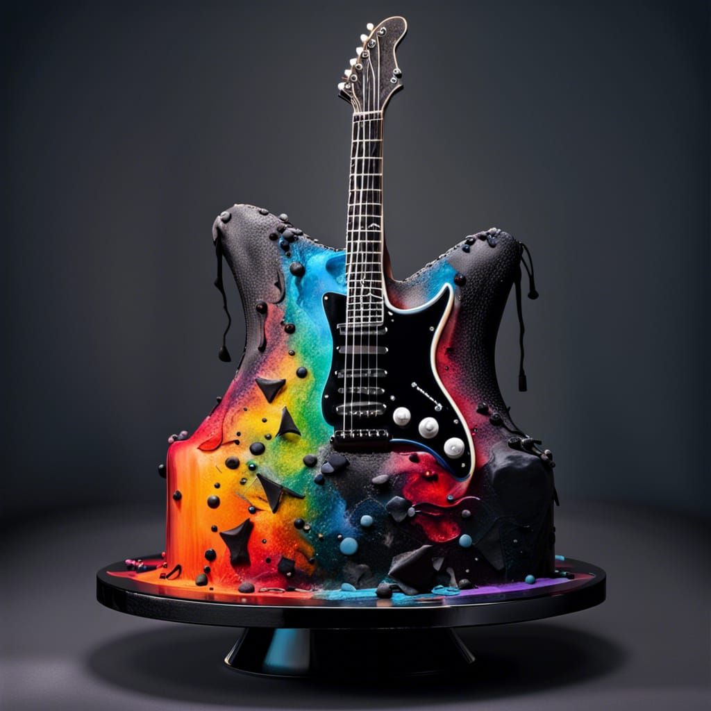 Hyperrealistic Goth Guitar Cake Splash Art