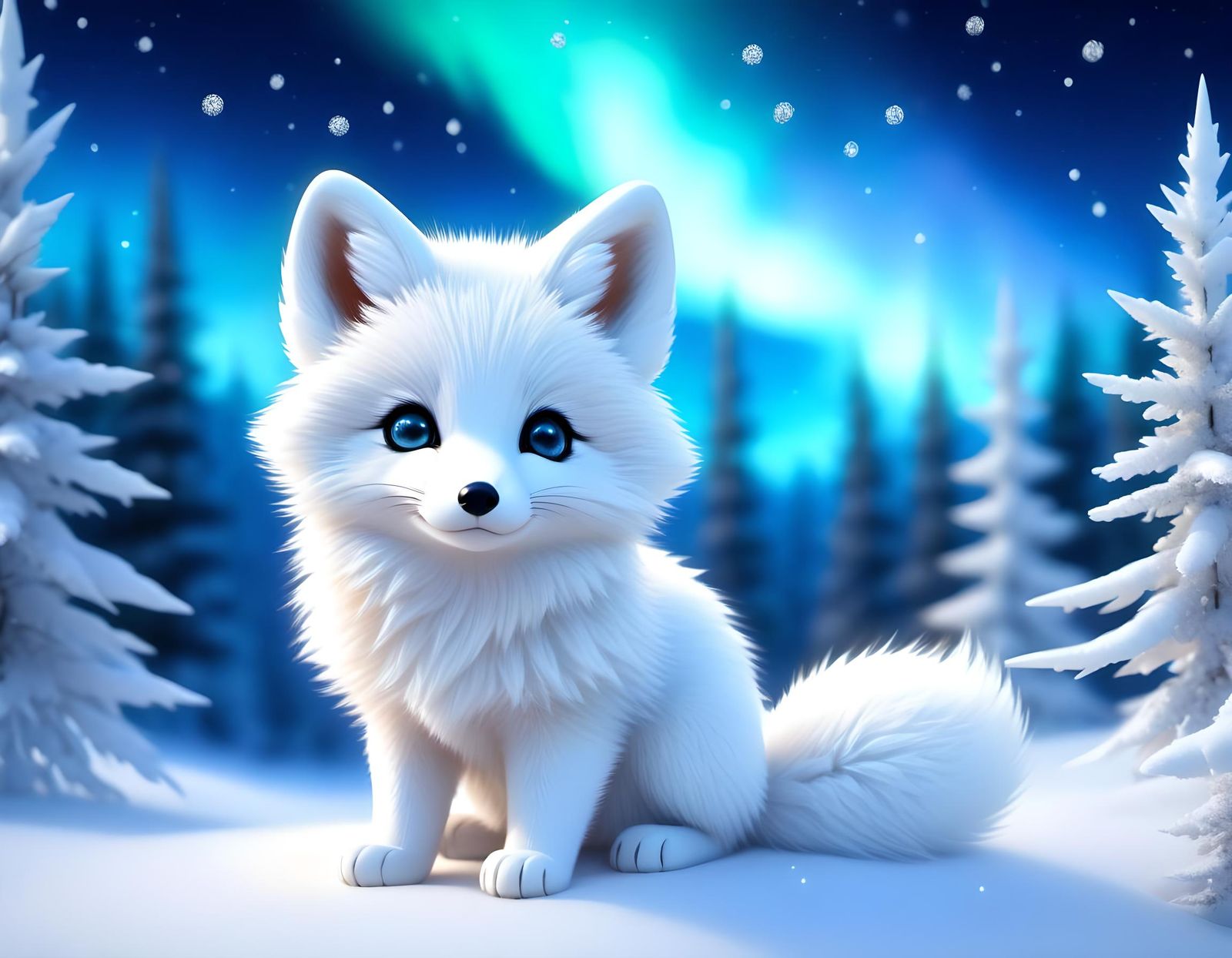 Adorable Arctic Fox Cub in Aurora Snowfall