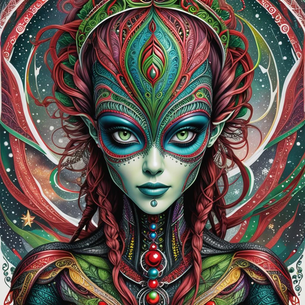 Christmas Alien Portrait in Zentangle Style