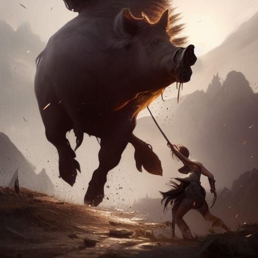 Woman Battles Giant Boar in Dark Fantasy Style