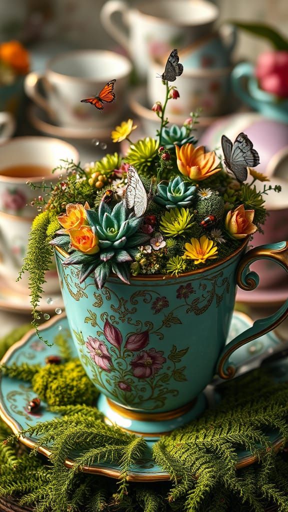Miniature Ecosystem Thriving in Ornate Teacup