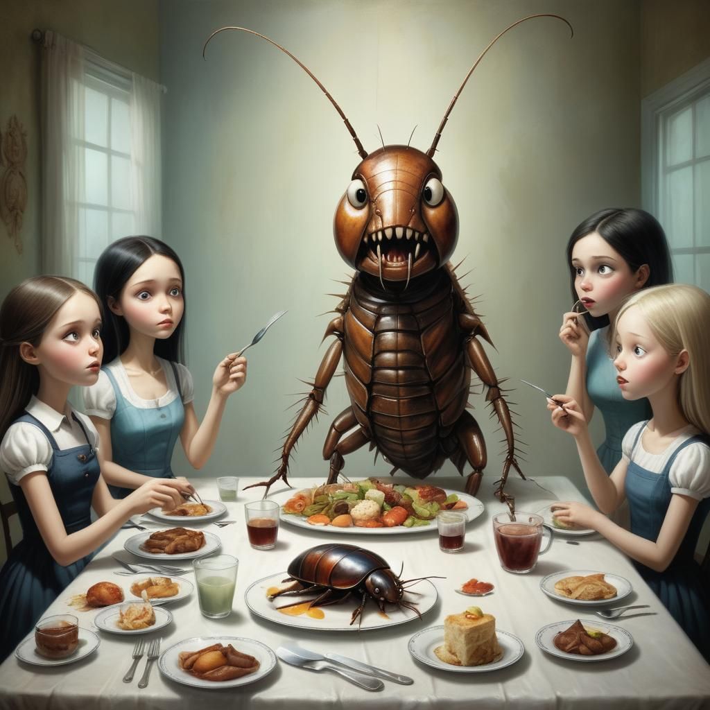 Giant Cockroach Dinner Party: Photorealistic Image