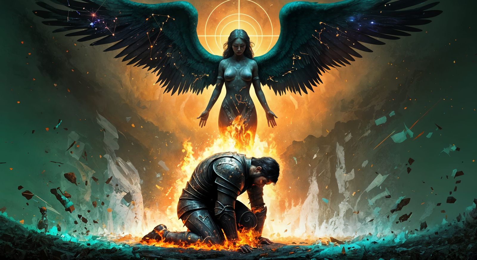 Surreal Angelic Encounter on a Cosmic Battlefield