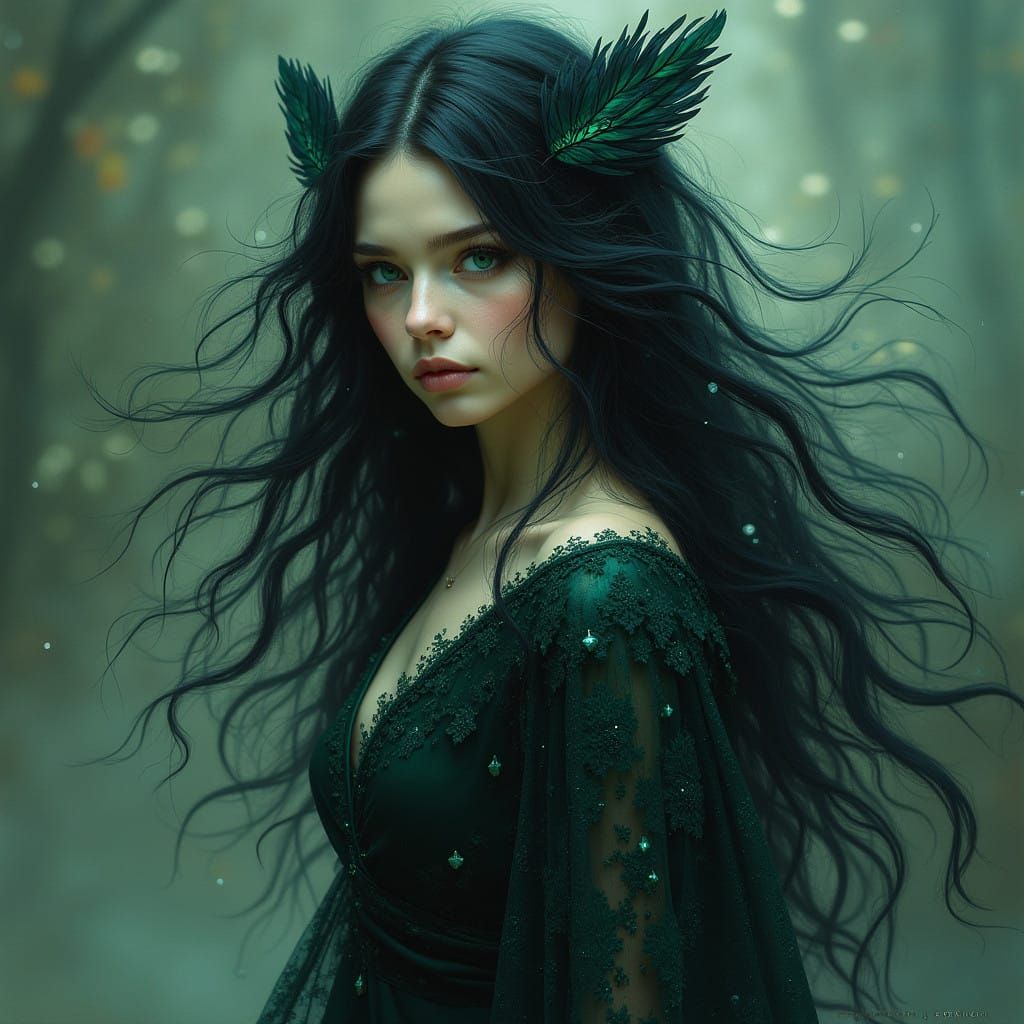 Mystical Woman with Raven Hair and Emerald Eyes