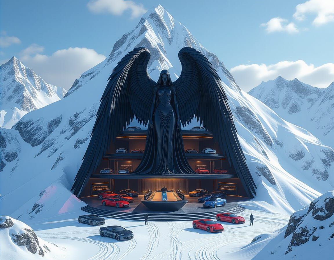 Villain HQ Inside Giant Angel Statue on Snowy Mountain