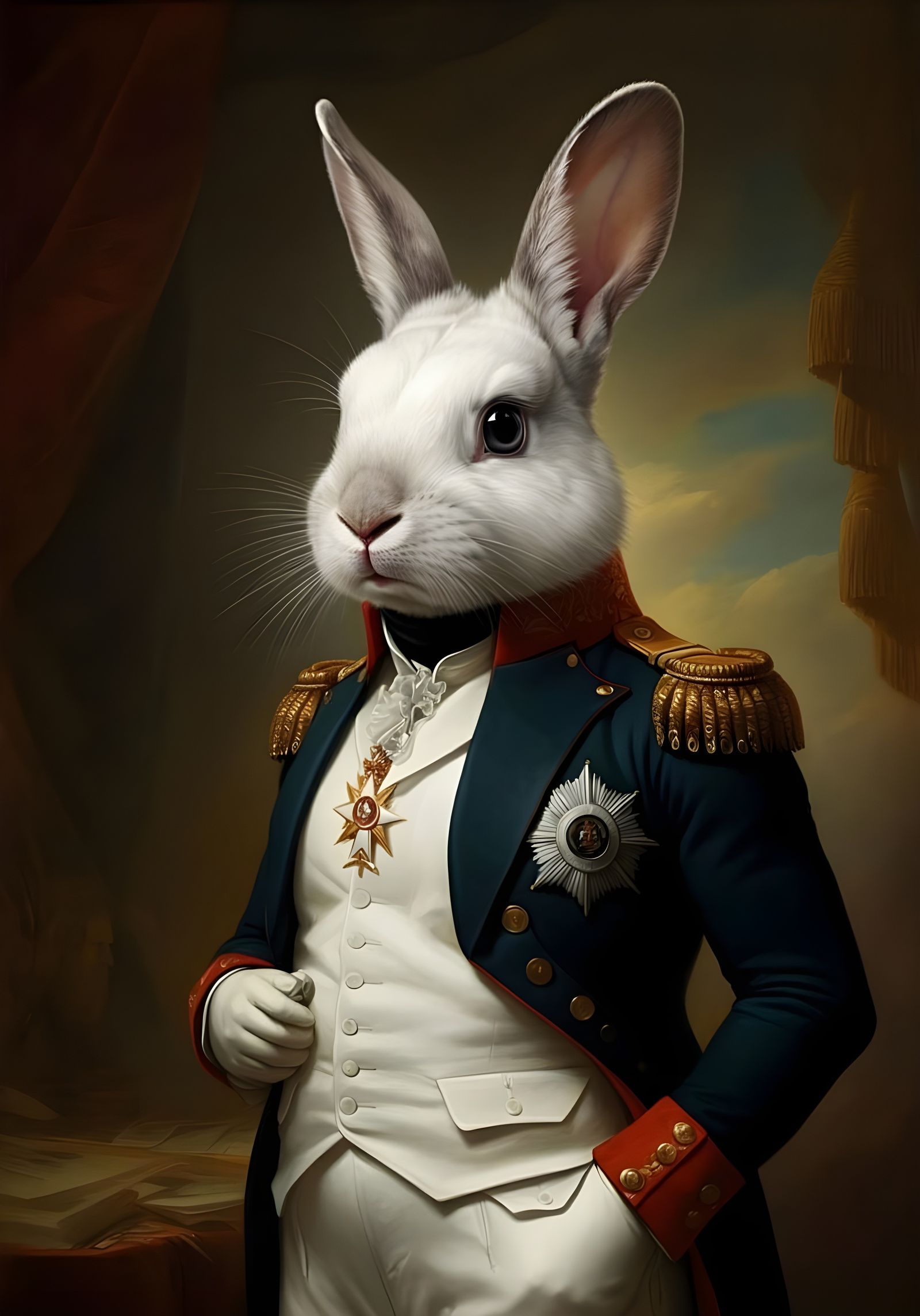 Confident White Rabbit in Napoleon's Uniform, Whimsical Gran...