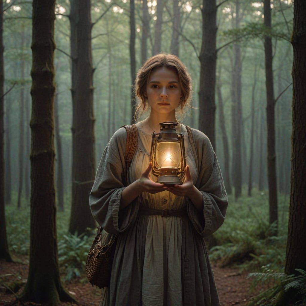 Young Woman Holds Lantern in Forest at Dusk