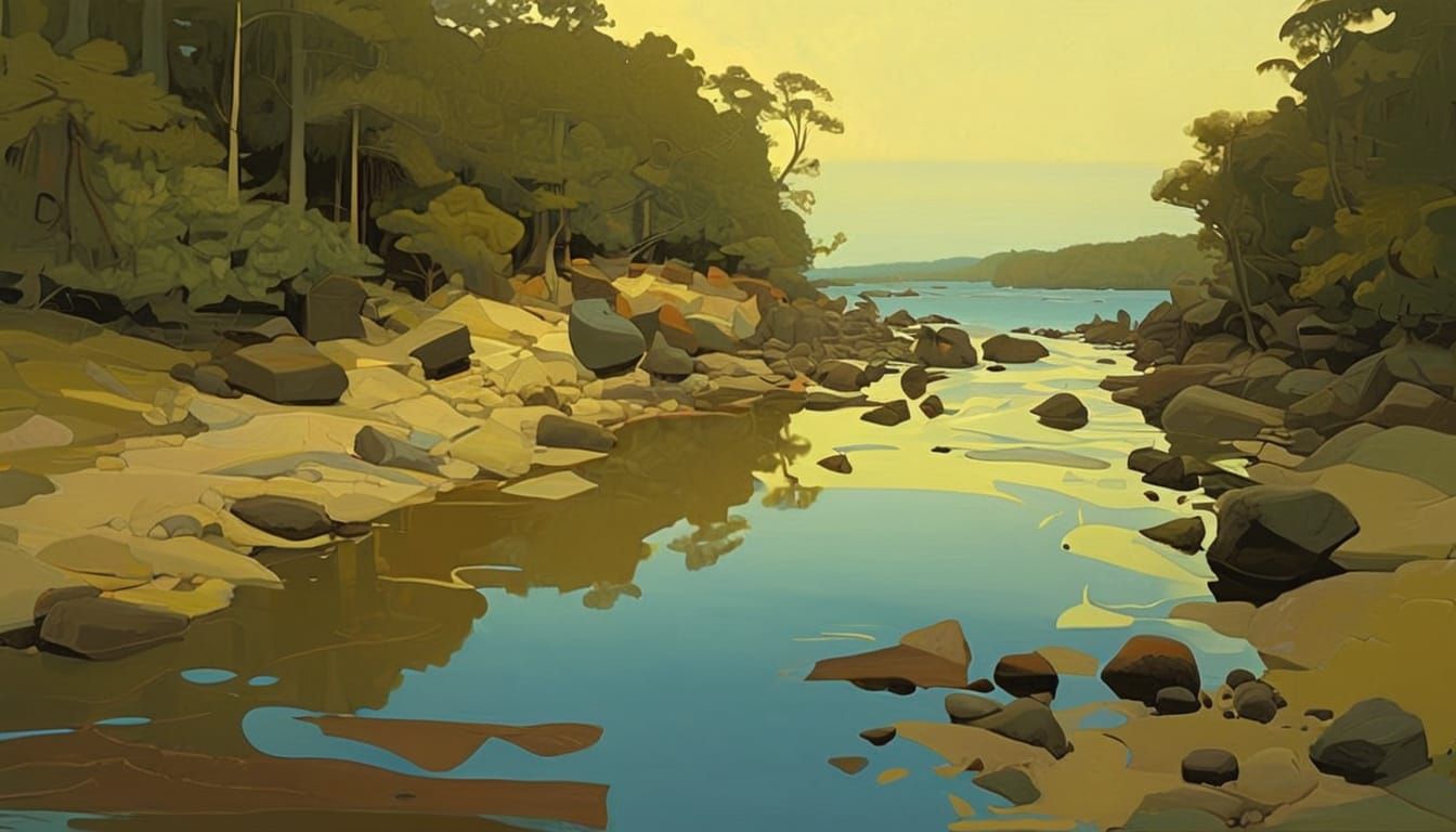 Forestpunk Gathering on River Beach, in Cubist Style