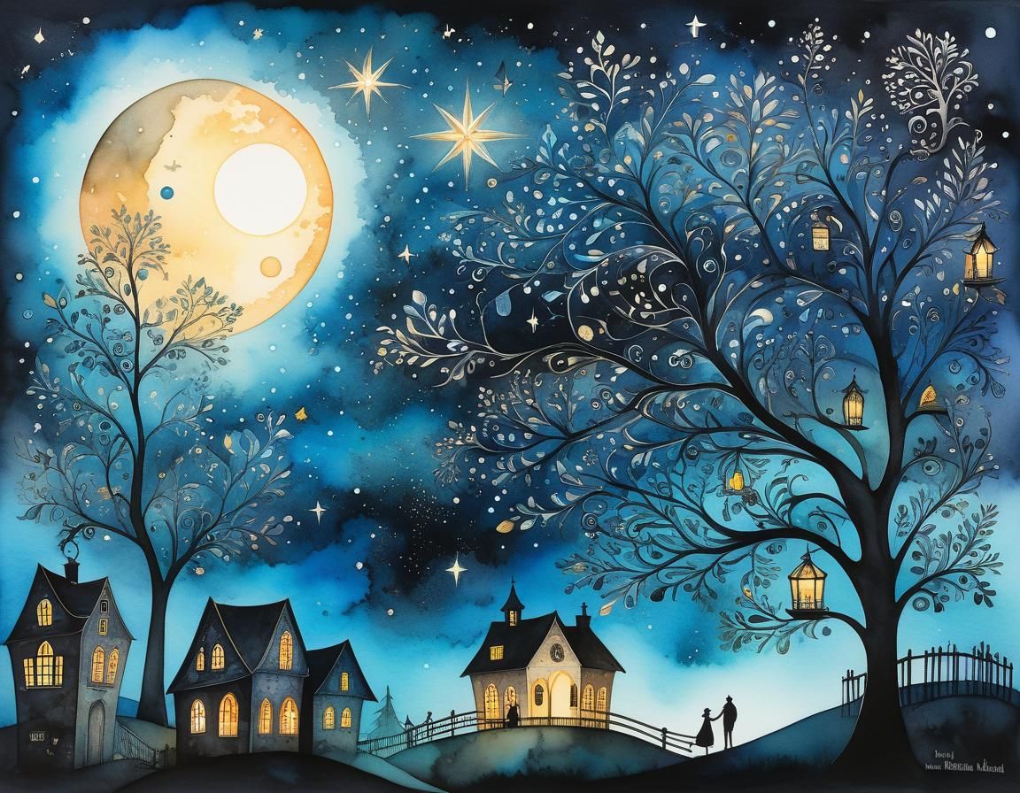 Whimsical Starry Night Illustration in Ink and Watercolor