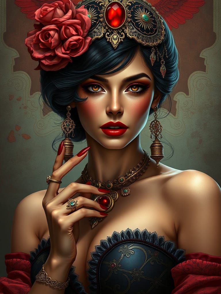 Femme Fatale Brunette in Art Nouveau Style