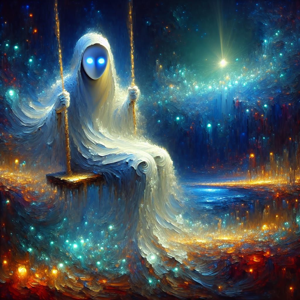 Android on a Swing in Bioluminescent Landscape