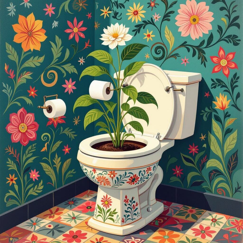 Flourishing Toilet Plant in Dreamlike Watercolor Style