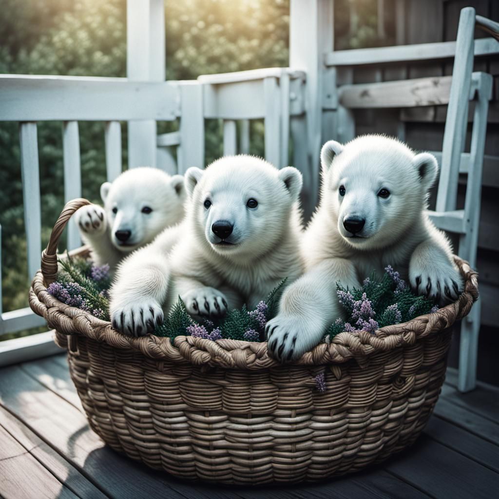 Kawaii Baby Polar Bear Cubs in Heather Basket