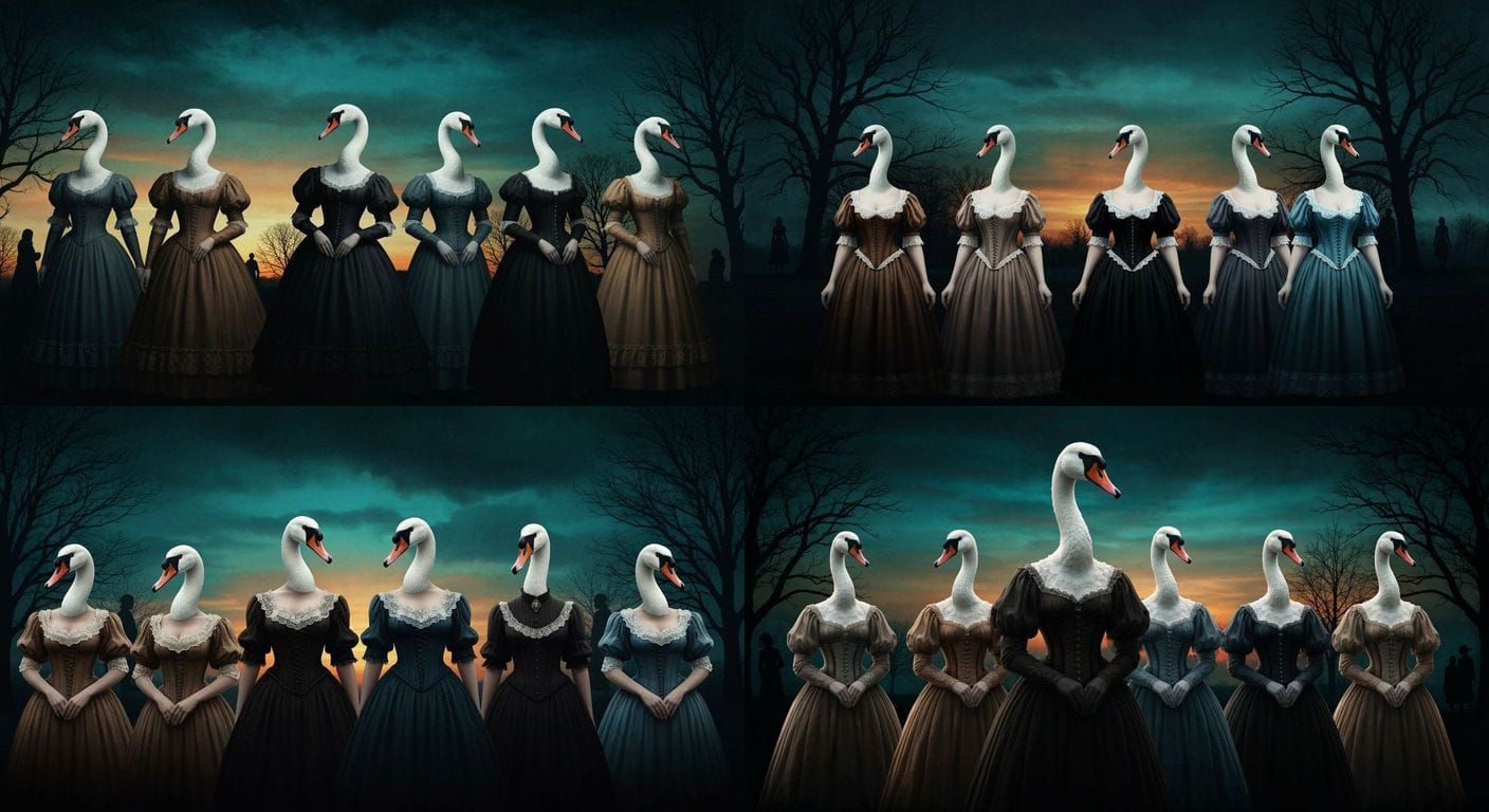 Five Swan-Headed Women in Victorian Dresses
