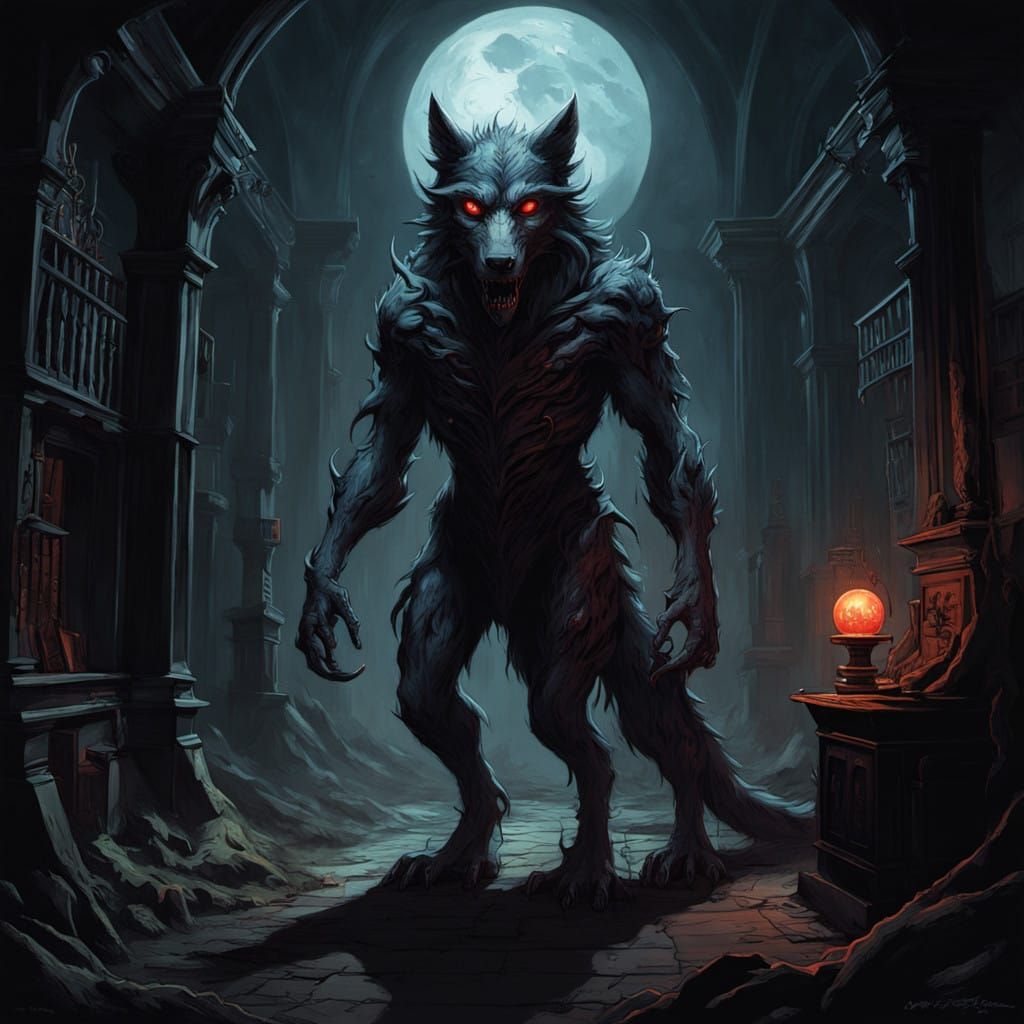 Eldritch Wolf Creature Emerges from Dark, Victorian-Era Shad...