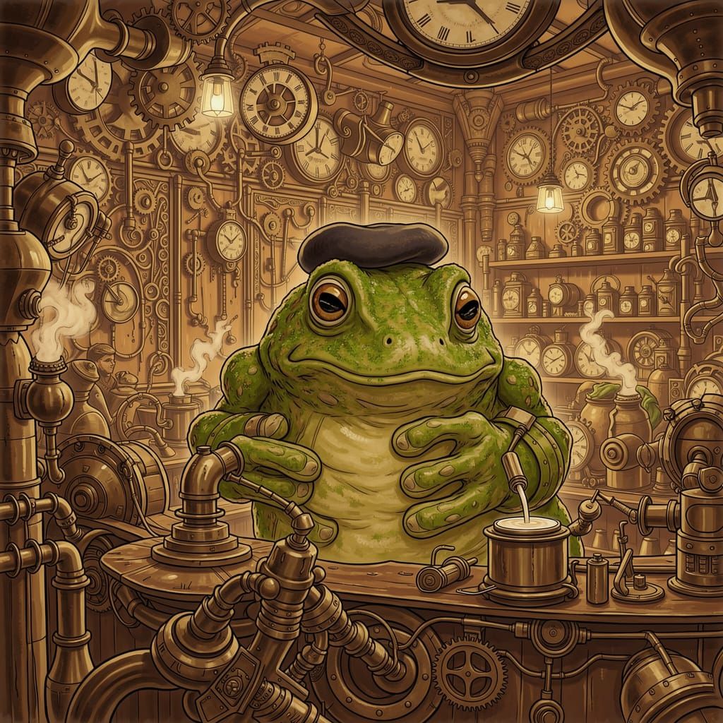 Giant Frog Barista in Steampunk Cafe