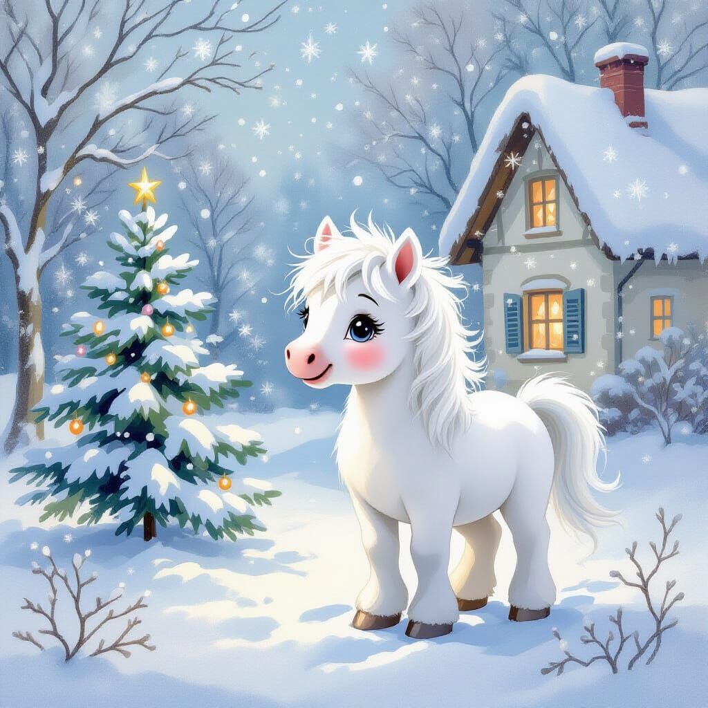 Fluffy White Horse and Snowflakes in Fairy Tale Style