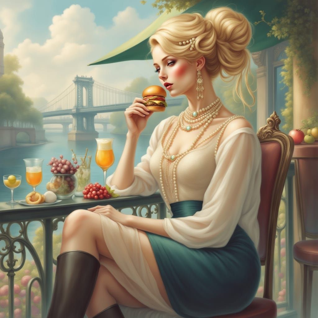 Woman Enjoying Hamburger at Terrace Bar in Painterly Style