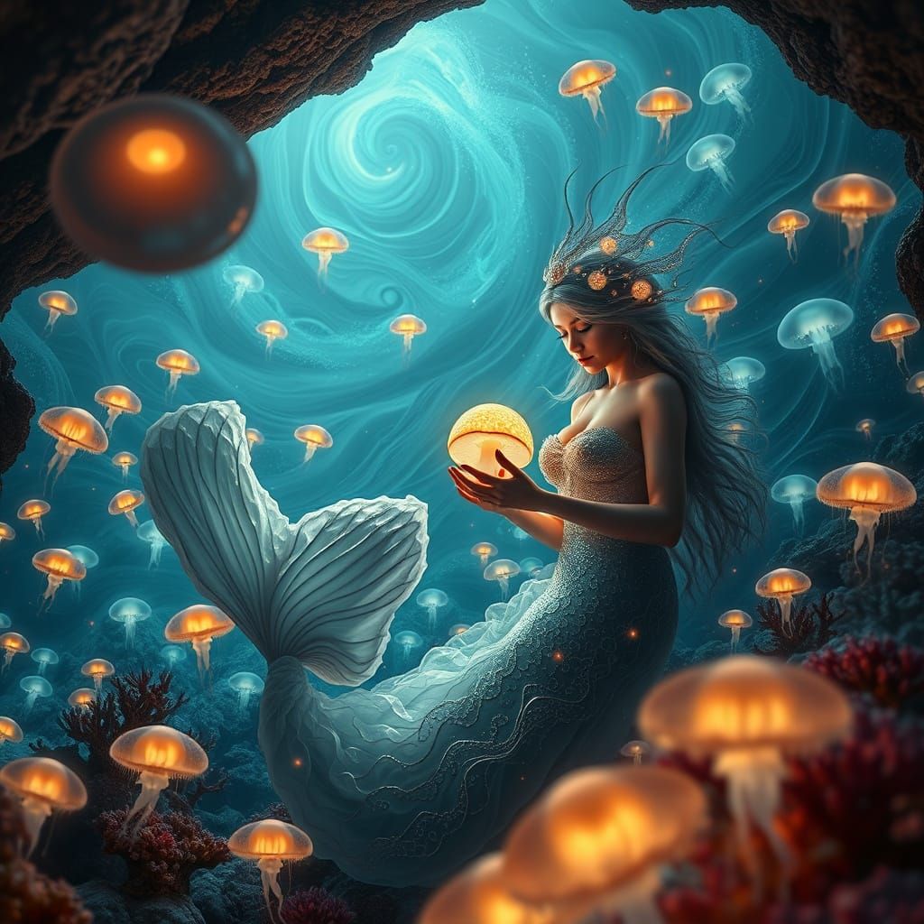 Ethereal Mermaid Amidst Cosmic Bio-Art