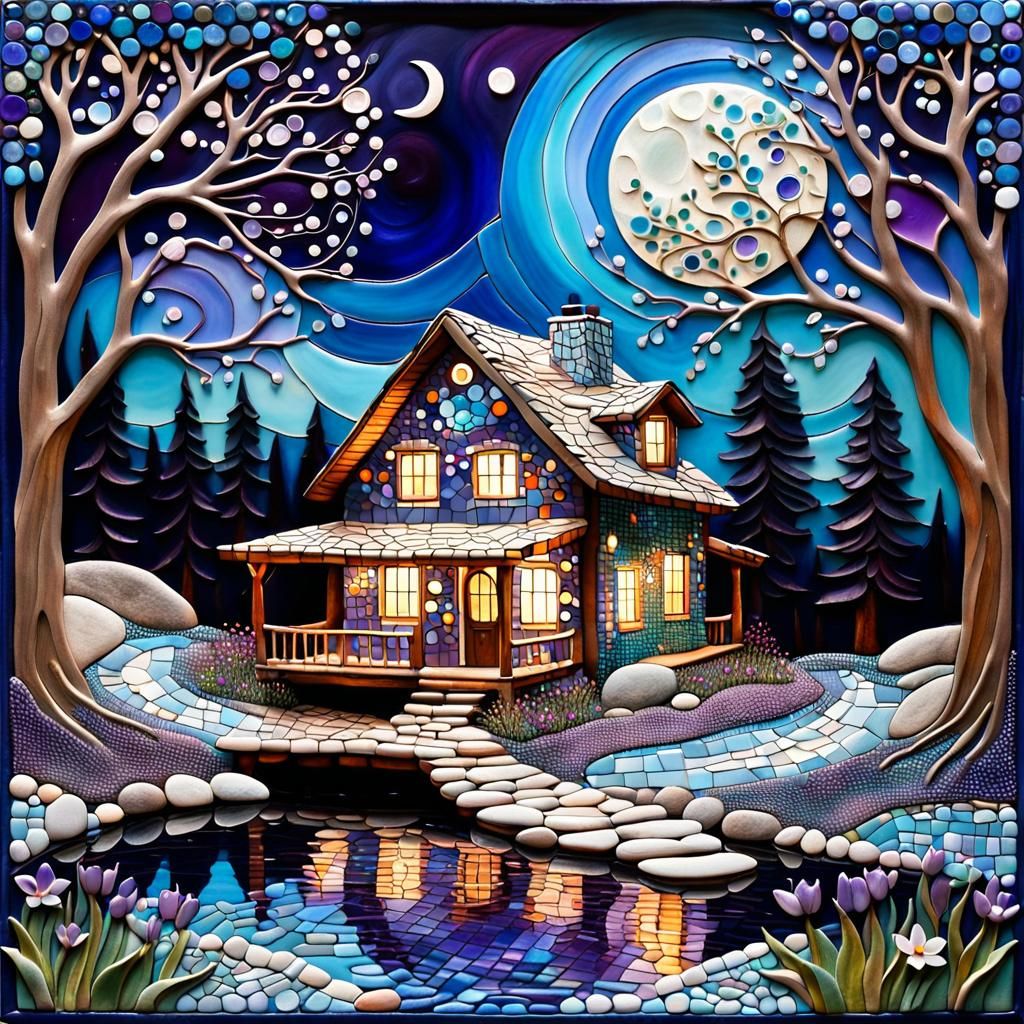 Whimsical Cabin Under Moon: Mosaic of Beads and Pebbles