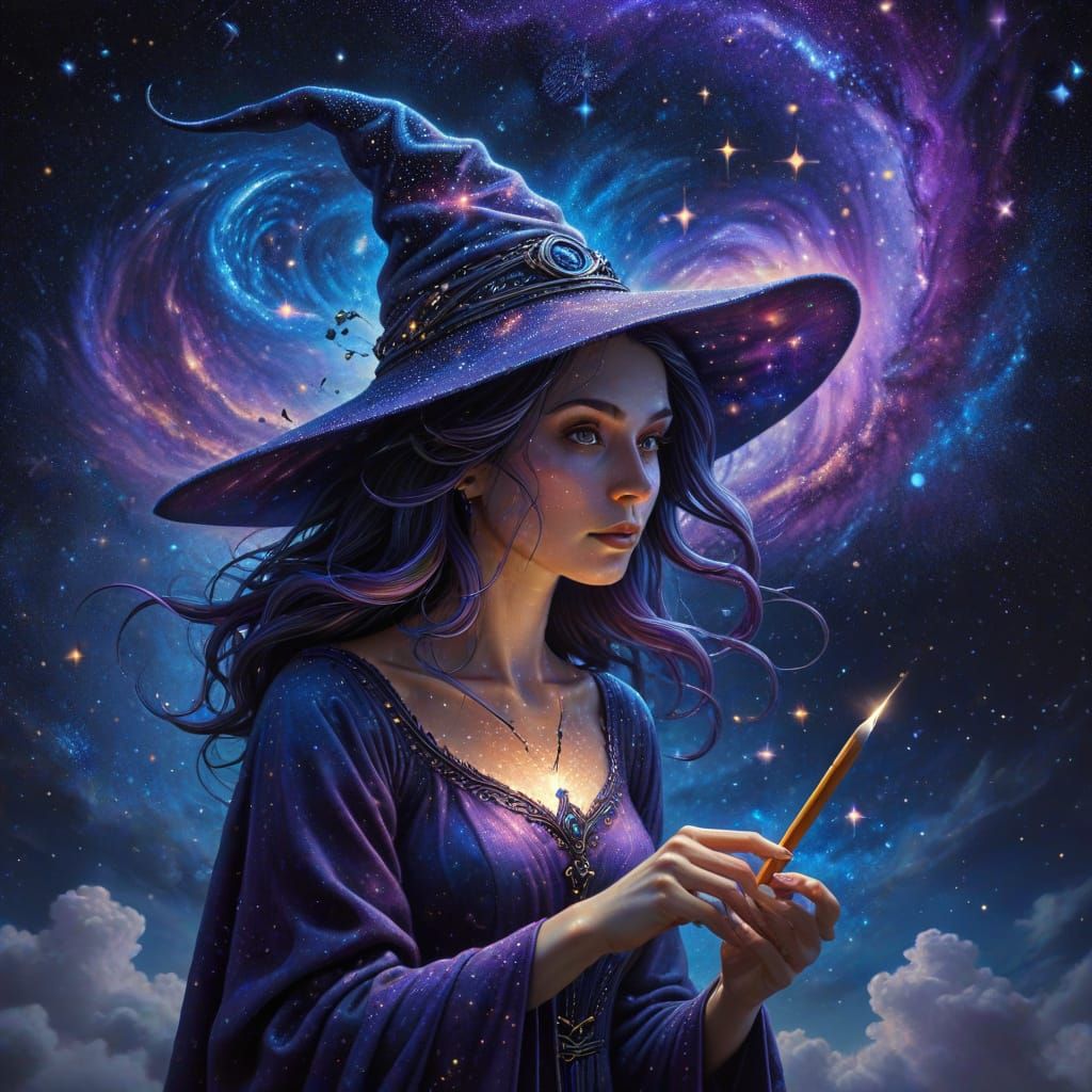 Surreal Witch Conjures Starlight from Pencil