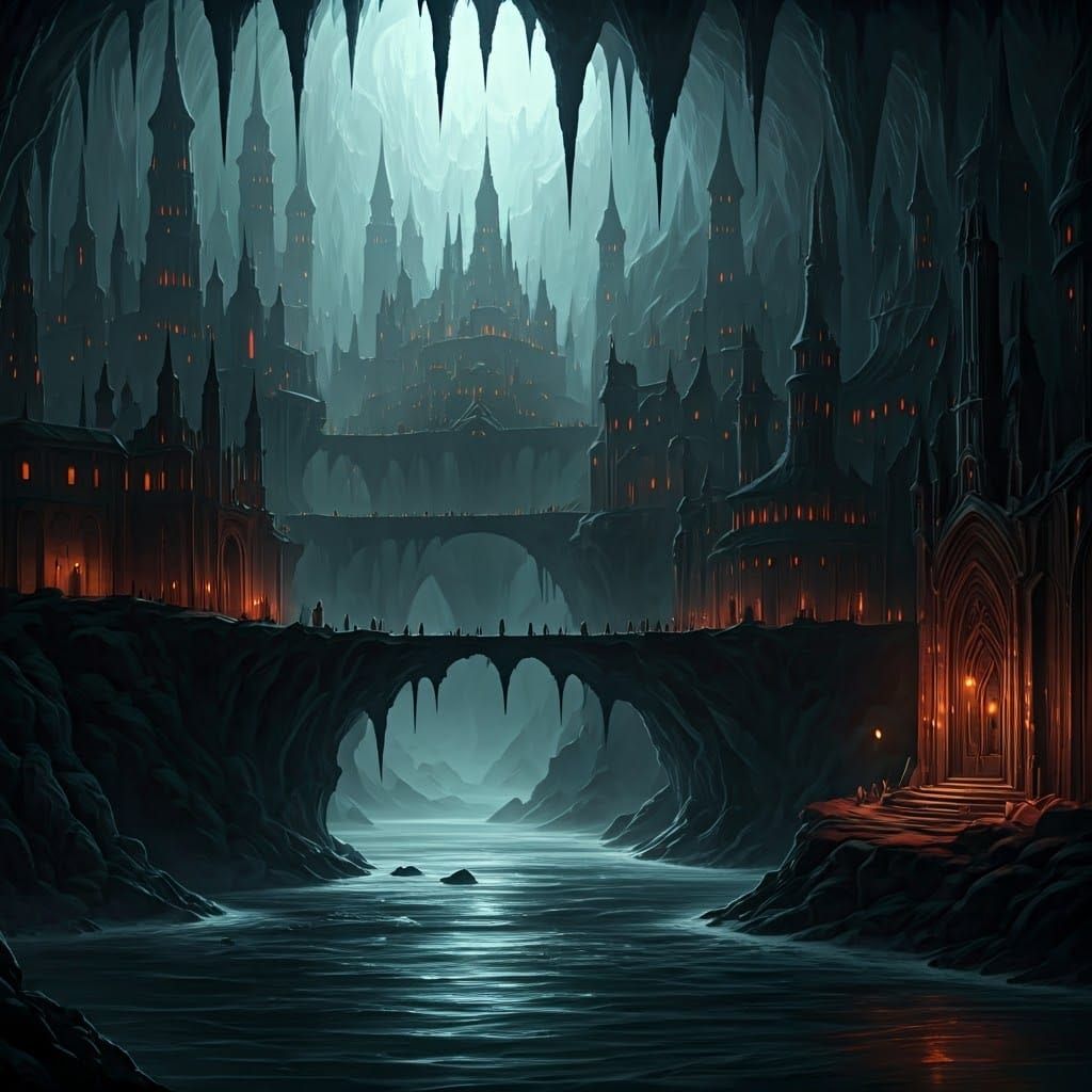 Ethereal City Suspended over Dark Waters in Dark Fantasy Sty...