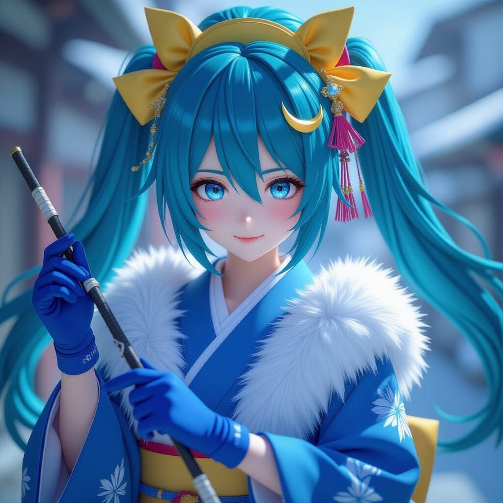 Yuki Miku in Blue Kimono with Bow, Photorealistic Style
