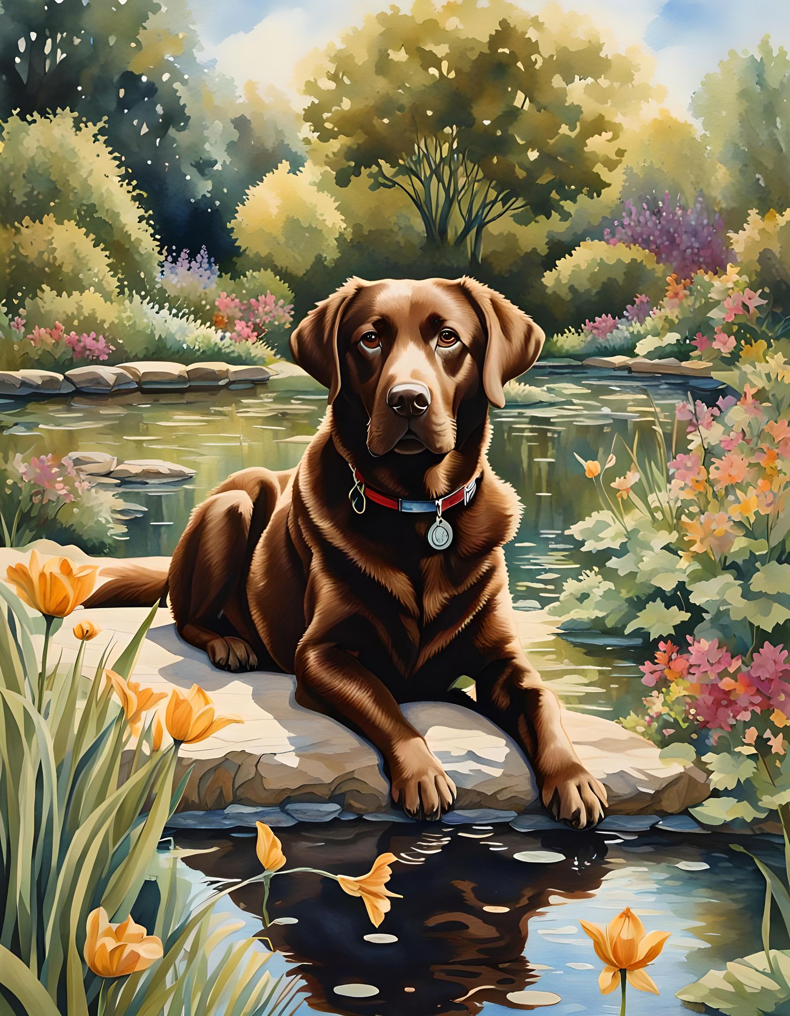 Brown Labrador in Sunny Garden: Watercolor Painting