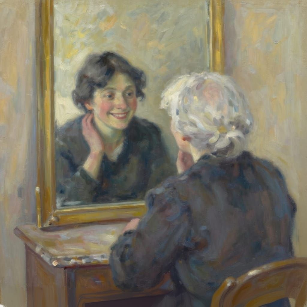Elderly Woman's Reflection Shows Youthful Self Smiling